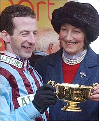 Best Mate's jockey Jim Culloty and trainer Henrietta Knight with the Cheltenham Gold Cup 