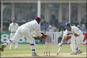 Thorpe is out, stumped by Ridley Jacobs, not long after Trescothick for a well crafted 54