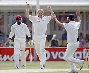 Matthew Hoggard celebrates taking the wicket of Devon Smith