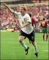 Scholes scores the opener against Portugal in Euro 2000 