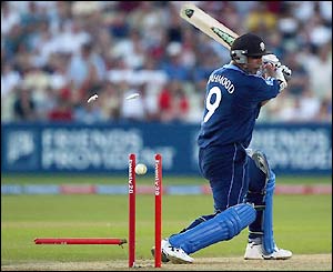 Azhar Mahmood is bowled by Mark Cleary as he makes 13 off just 6 balls