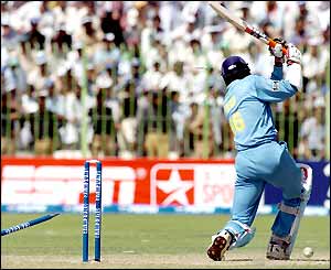 Irfan Pathan's leg stump is ripped out by Shoaib Akhtar