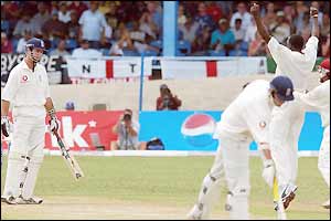 Michael Vaughan is trapped lbw by Windies bowler Pedro Collins
