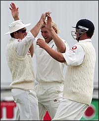 Michael Vaughan, Matthew Hoggard and Robert Key celebrate the dismissal of Chris Gayle