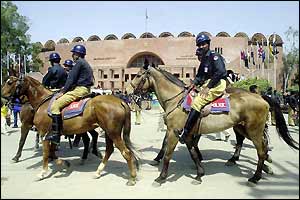 Pakistani mounted police outside the Gaddafi Stadium 