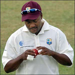 West Indies captain Brian Lara examines the ball