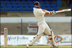 Nasser Hussain struggles to time his shots during the morning session