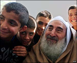 Yassin with children at mosque in Gaza City