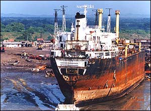 Rusting hulk beached at Alang, India