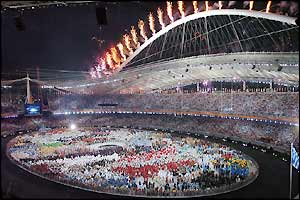 A short firework display signifies the completion of the arrival of the athletes 