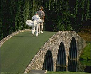 Sandy Lyle crosses Hogan Bridge during the 1988 Masters