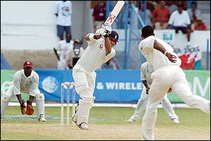 Mark Butcher hits the winning four at the end of the fifth over 