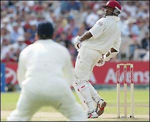 Brian Lara goes cheaply as he gloves a Flintoff delivery to Andrew Strauss for seven