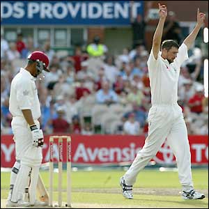 Steve Harmison claims the wicket of Carlton Baugh for three
