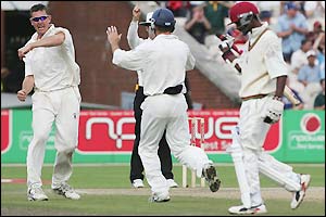 Dave Mohammed is caught by Robert Key leaving West Indies on 146-7