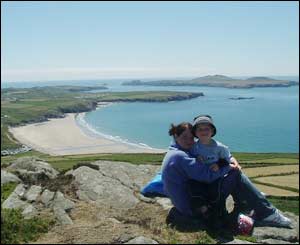 Michelle and son Aled, from Betws, Ammanford enjoying the view from above Whitesands Bay, Pembrokeshire