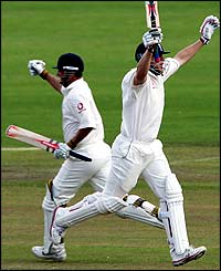 Robert Key and Andrew Flintoff celebrate England's vitctory