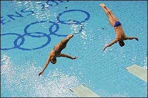 Sirandis and Bimis compete in the 3m synchronised diving