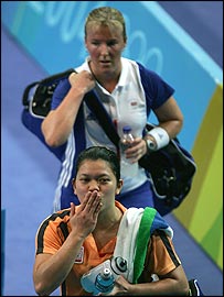 Tracy Hallam (top) looks dejected after losing her match
