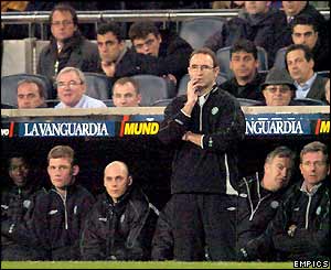 Celtic boss Martin O'Neill looks on anxiously from the bench