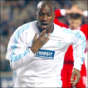 Marseille defender Abdoulaye Meite celebrates his goal against Liverpool