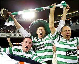 Celtic fans celebrate qualifying for the Uefa Cup semi-finals