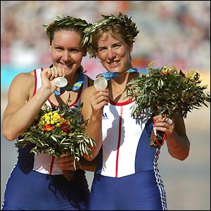 Katherine Grainger and Cath Bishop celebrate their silver medals