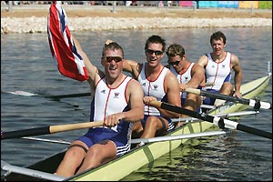Matthew Pinsent celebrates after Britain's men's coxless four win gold