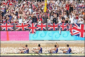 The British men's four are roared home by a partisan crowd at the Schinias Centre