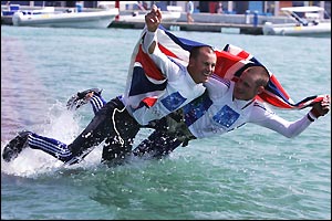 Nick Rogers and Joe Glanville celebrate winning silver in the men's 470 class