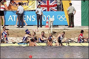 Alison Mowbray, Debbie Flood, Frances Houghton and Rebecca Romero claim silver in the women's quadruple sculls