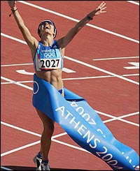 Tsoumeleka celebrates victory in the gruelling 20km walk