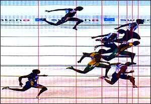 The men's 100m final photo finish