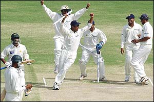 India's cricketers grab the stumps in celebration