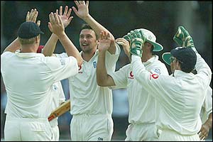 Steve Harmison celebrates the wicket of Ramnaresh Sarwan