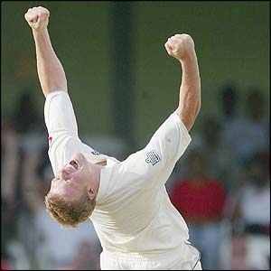 Flintoff celebrates his best Test figures of 5-58