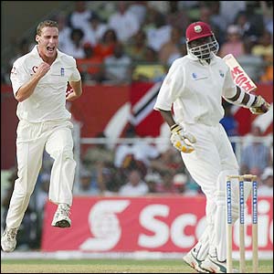 Simon Jones takes his only wicket as Pedro Collins goes for seven