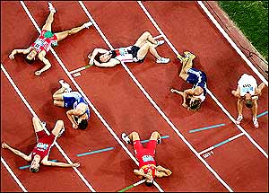 Athletes are seen after the 1500m discipline of the men's decathlon 