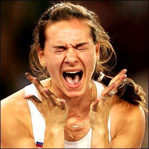 Yelena Isinbayeva of Russia celebrates