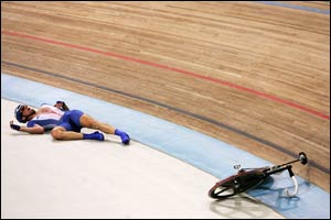Rob Hayles of Great Britan falls in the men's track cycling madison final 