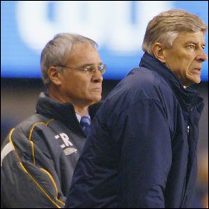 Claudio Ranieri and Arsene Wenger look on as their sides do battle in the Champions League