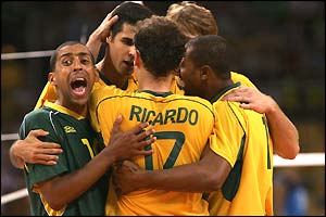 Brazil's players celebrate after winning the gold medal in men's volleyball