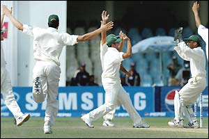 More joy for Pakistan when India's stand-in captain Rahul Dravid is run out without facing a ball 