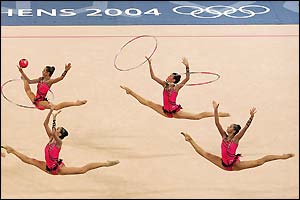 The Russian team compete in the hoops and balls section on their way to winning gold in the all-round competition 