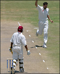Sarwan is out for 90 as Steve Harmison claims his first wicket of the match