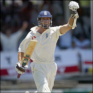 Michael Vaughan celebrates reaching his century 