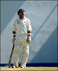 Nasser Hussain of England waits to bat