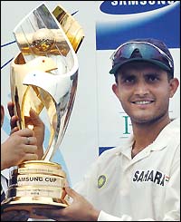 Sourav Ganguly, the Indian captain, holds aloft the series trophy