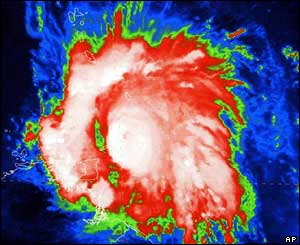 An infra-red satellite image of hurricane Ivan