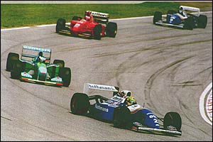 Ayrton Senna, Michael Schumacher, Gerhard Berger and Damon Hill early in the 1994 San Marino Grand Prix